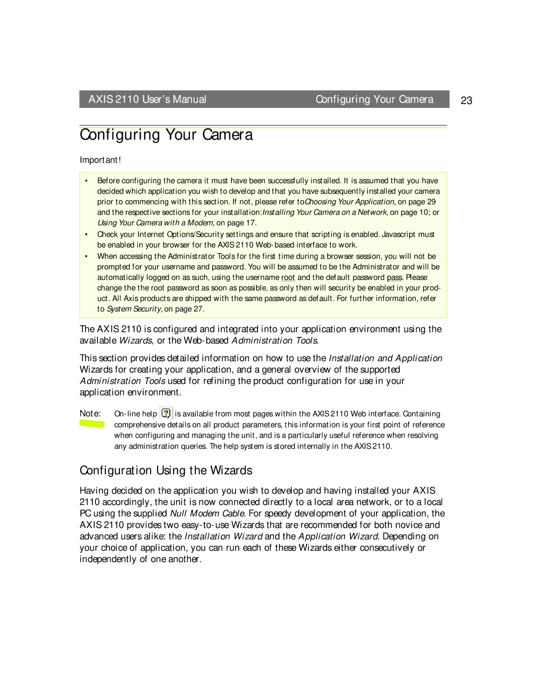 Canon AXIS 2110 manual Configuring Your Camera, Configuration Using the Wizards 