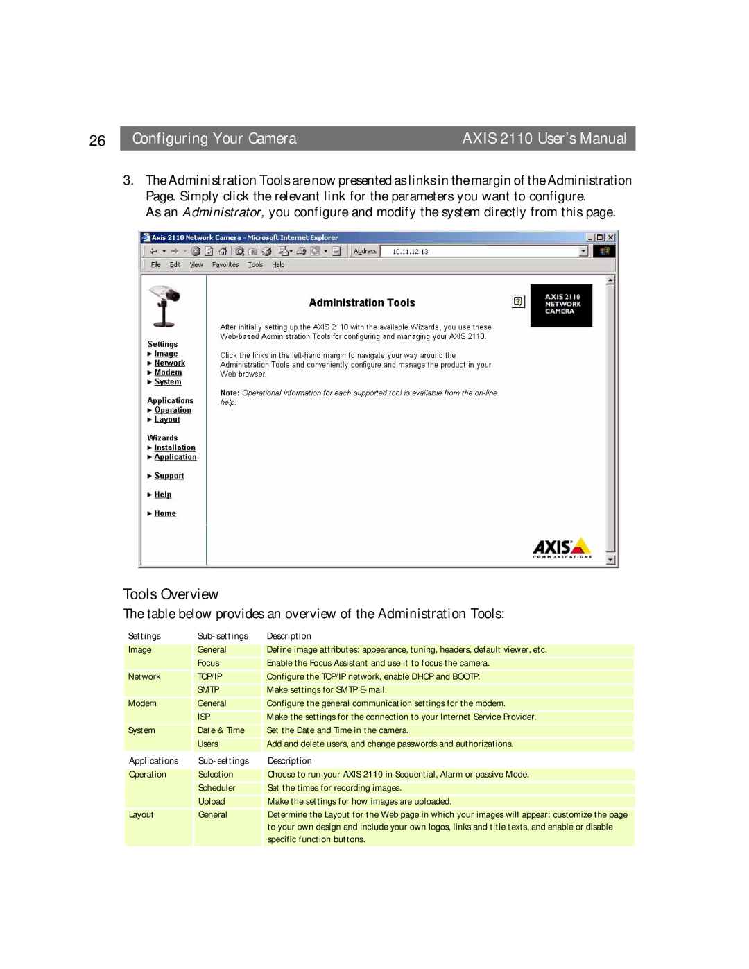 Canon AXIS 2110 manual Tools Overview, Settings, Description, Applications 