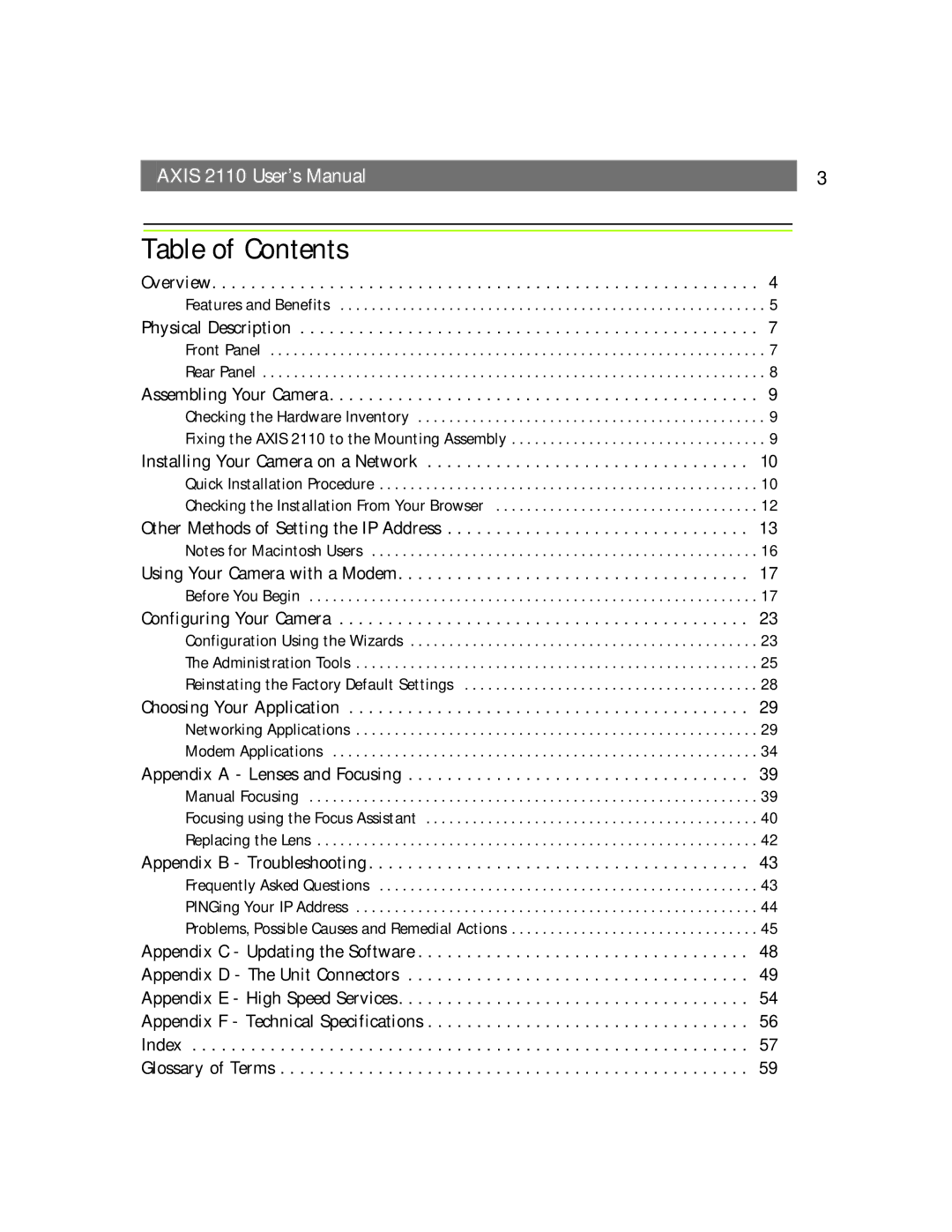 Canon AXIS 2110 manual Table of Contents 