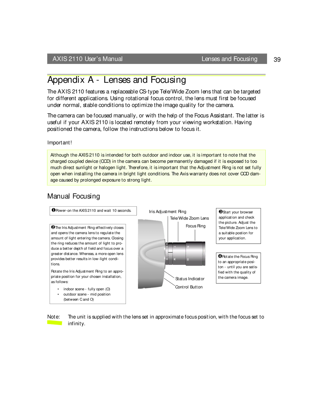 Canon AXIS 2110 manual Appendix a Lenses and Focusing, Manual Focusing, ❶Power-on the Axis 2110 and wait 10 seconds 