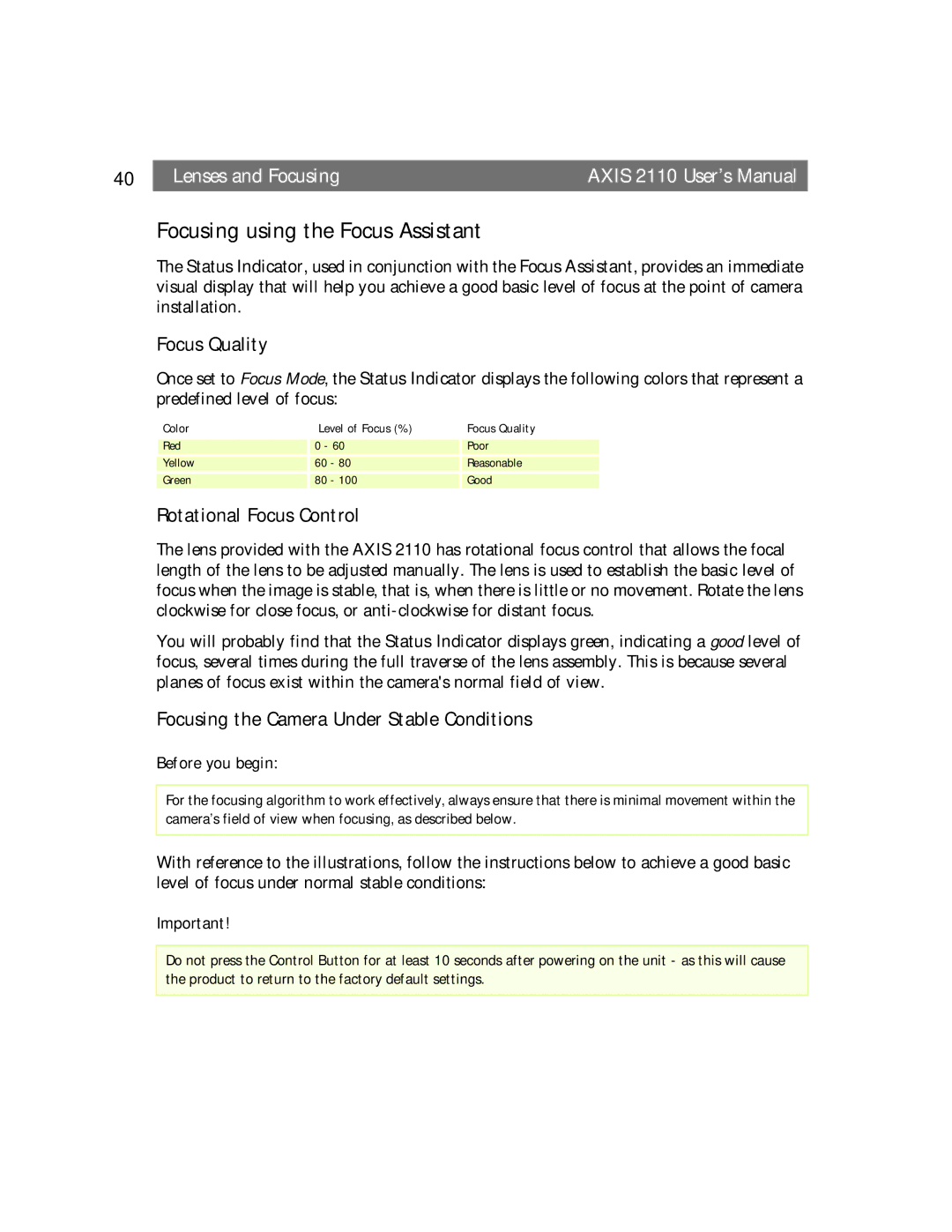 Canon AXIS 2110 manual Focusing using the Focus Assistant, Focus Quality, Rotational Focus Control 