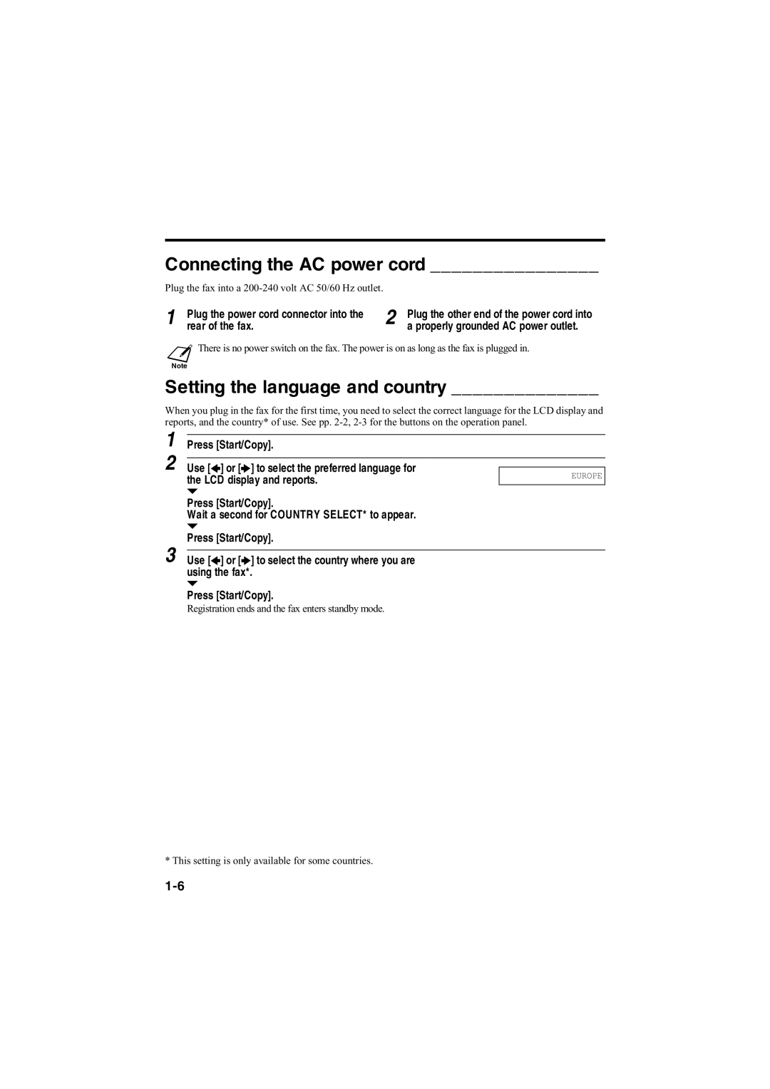 Canon B115, B140, B120 manual Connecting the AC power cord, Setting the language and country 