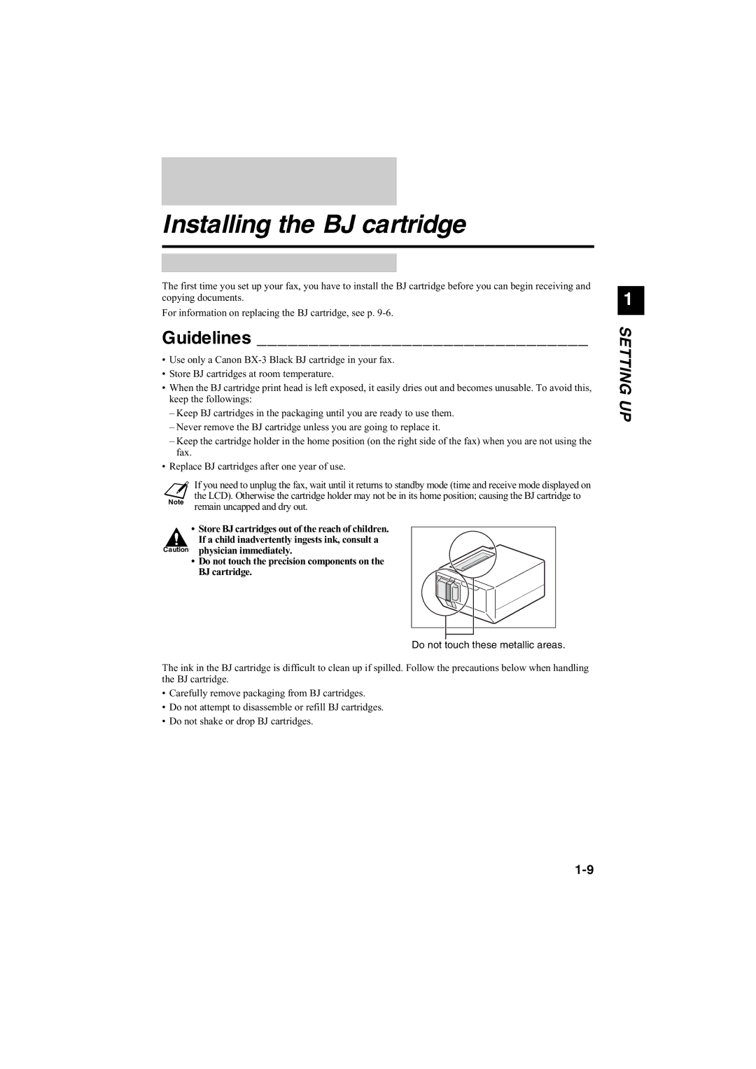 Canon B115, B140, B120 manual Installing the BJ cartridge, Guidelines 