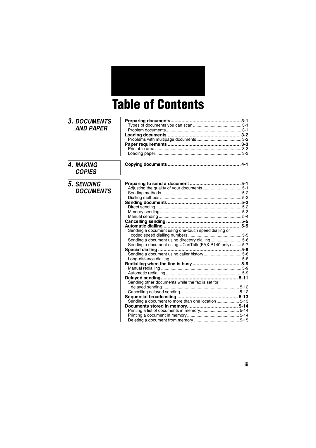 Canon B140, B120, B115 manual Documents and Paper Making Copies Sending Documents, Iii 