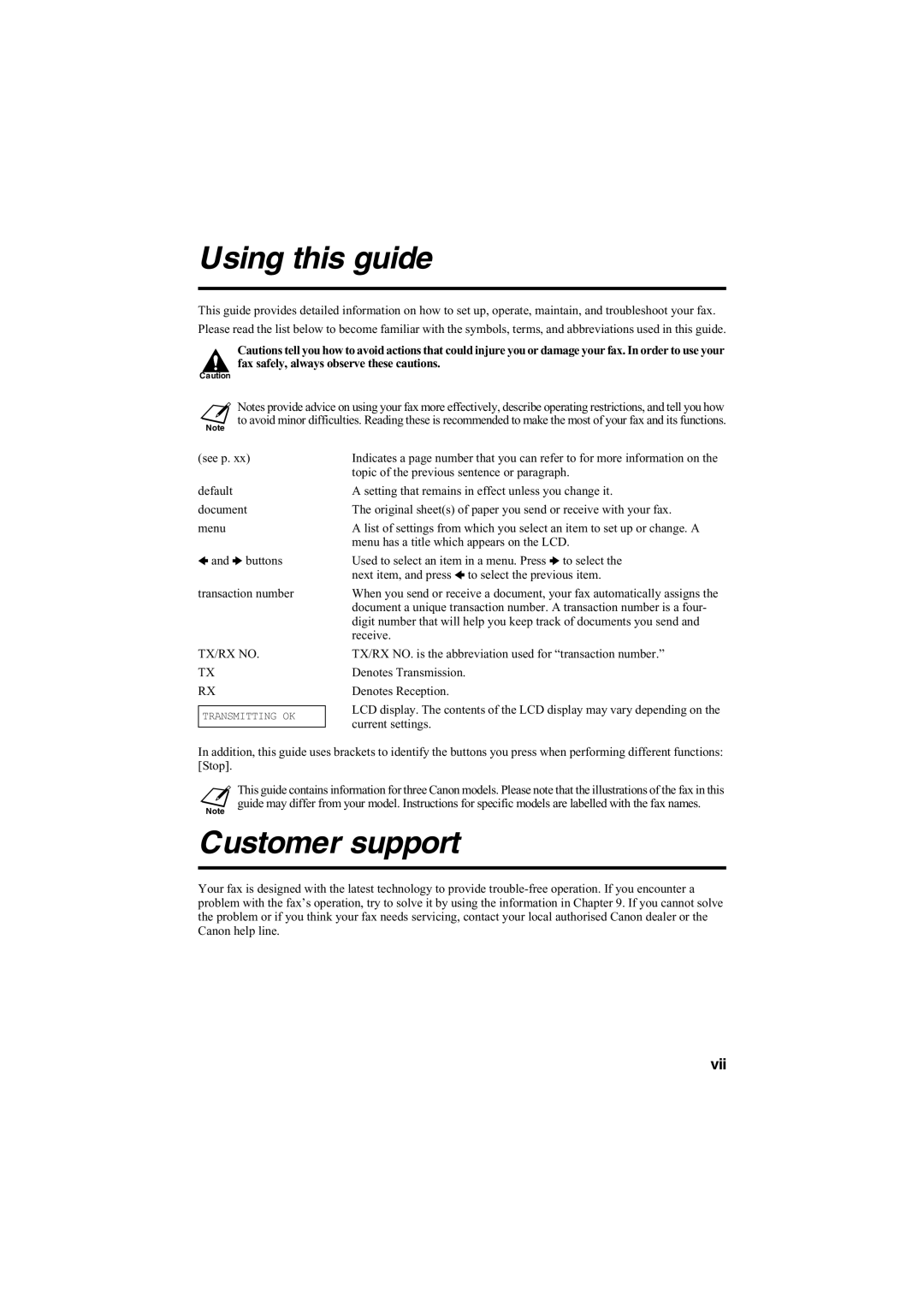 Canon B120, B140, B115 manual Using this guide, Customer support, Vii 