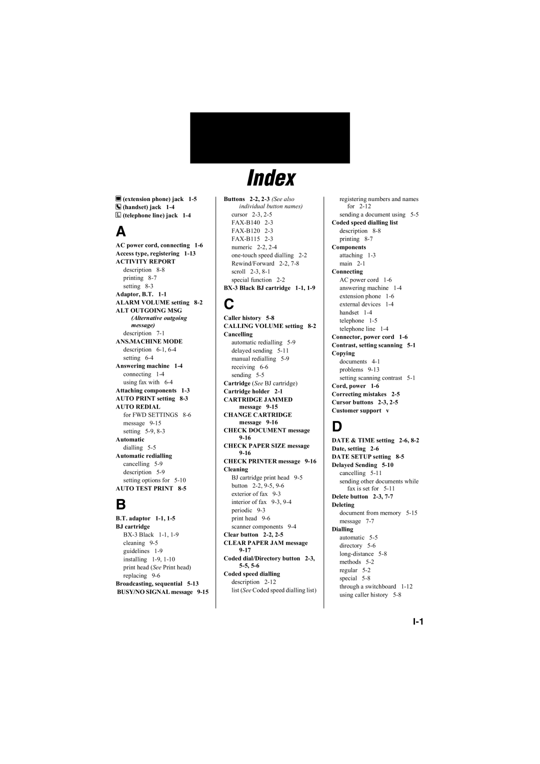 Canon B140, B120, B115 manual Index 