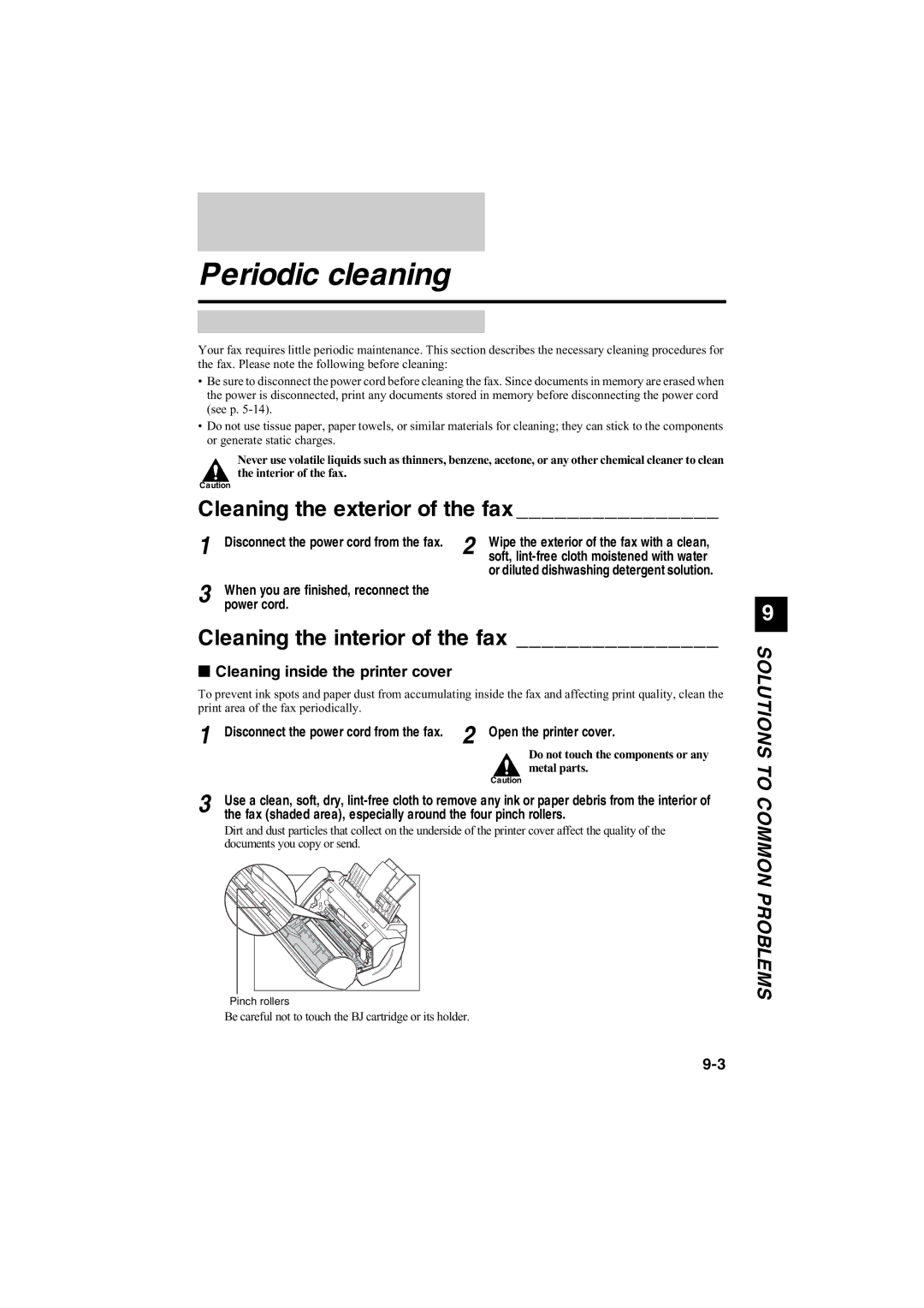 Canon B115, B140, B120 manual Periodic cleaning, Cleaning the exterior of the fax, Cleaning the interior of the fax 