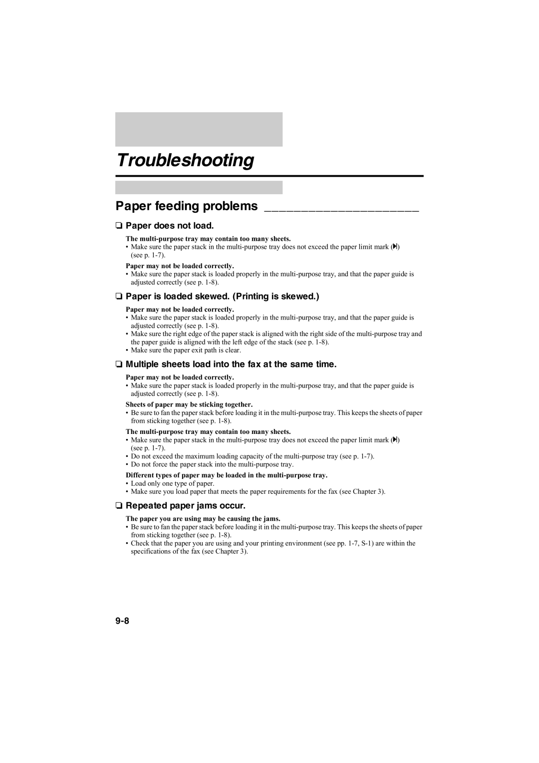 Canon B120, B140, B115 manual Troubleshooting, Paper feeding problems 