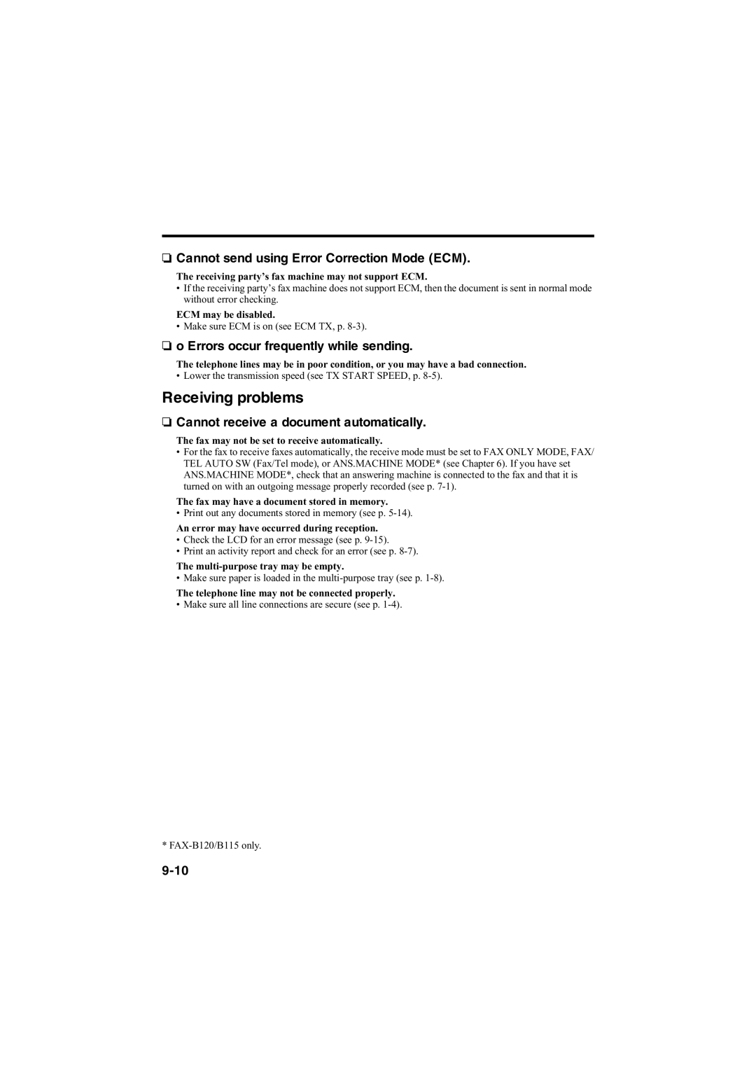 Canon B140, B120, B115 manual Cannot send using Error Correction Mode ECM, Errors occur frequently while sending 