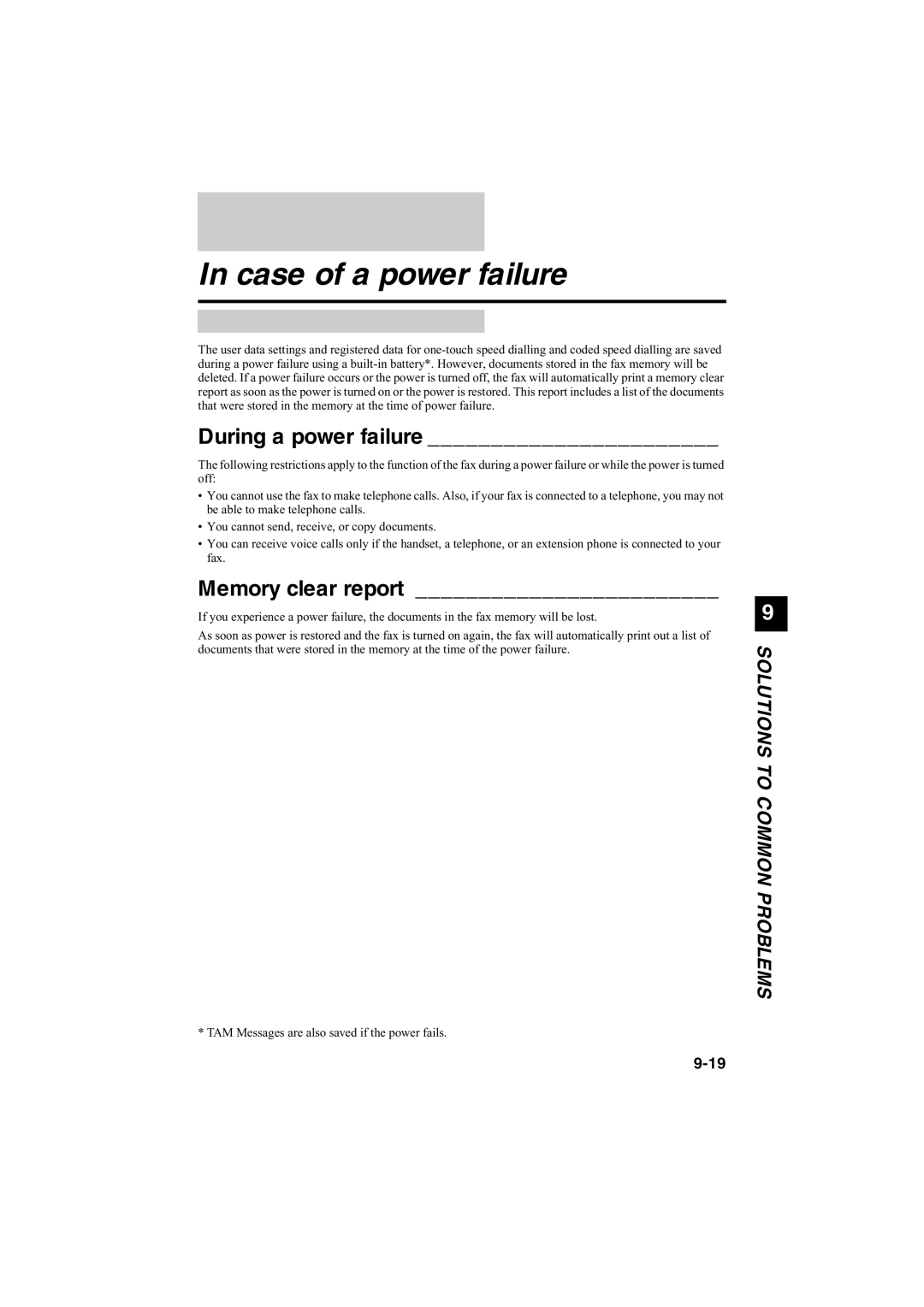 Canon B140, B120, B115 manual Case of a power failure, During a power failure, Memory clear report 