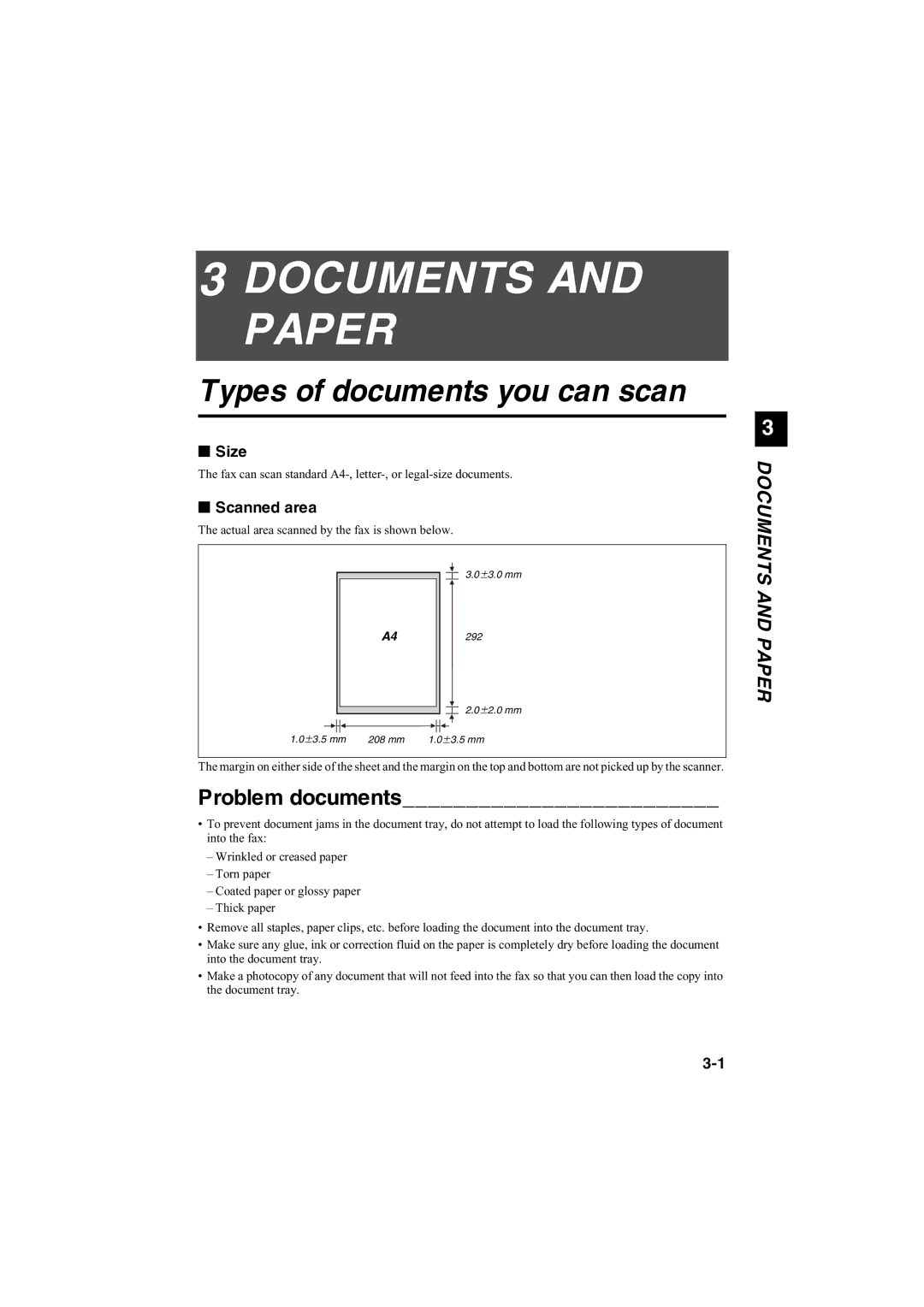 Canon B120, B140, B115 manual Types of documents you can scan, Problem documents, Size, Scanned area 