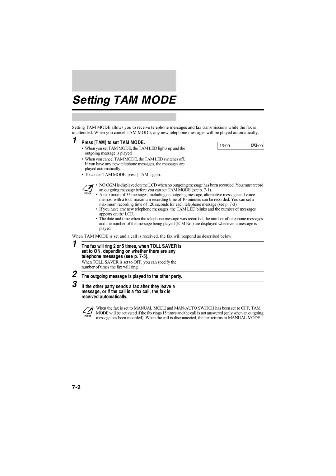 Canon B140, B120, B115 manual Setting TAM Mode, Press TAM to set TAM Mode 