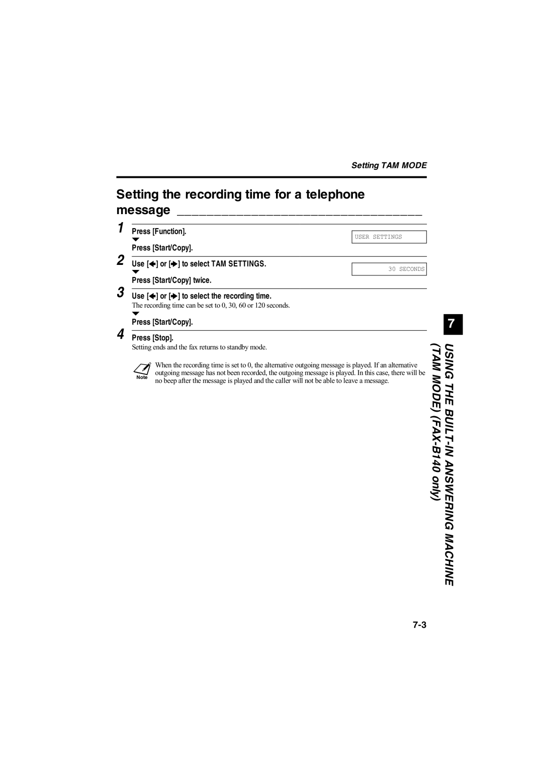 Canon B120, B140, B115 Setting the recording time for a telephone message, Setting ends and the fax returns to standby mode 