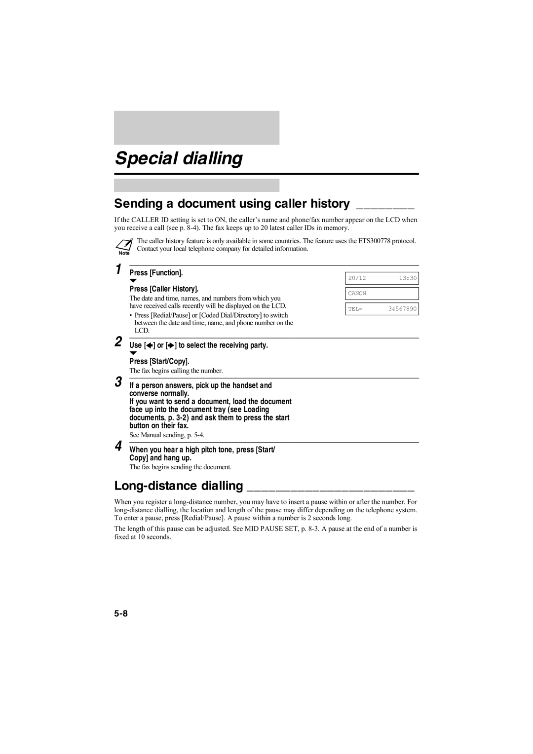 Canon B115, B140, B120 manual Special dialling, Sending a document using caller history, Long-distance dialling 