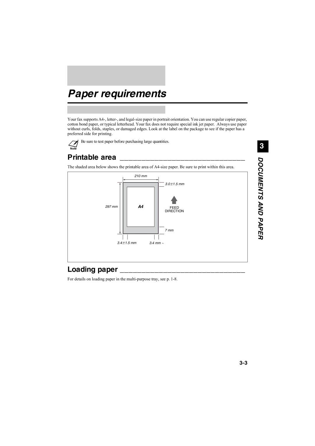 Canon B120, B140, B115 manual Paper requirements, Printable area, Loading paper 