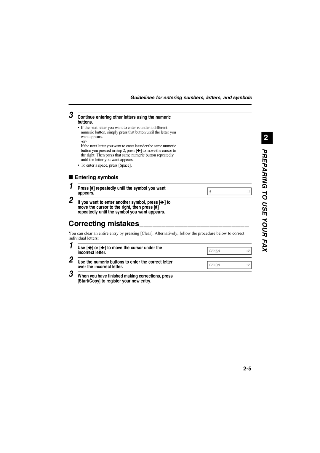 Canon B140, B120, B115 manual Correcting mistakes, Continue entering other letters using the numeric buttons 