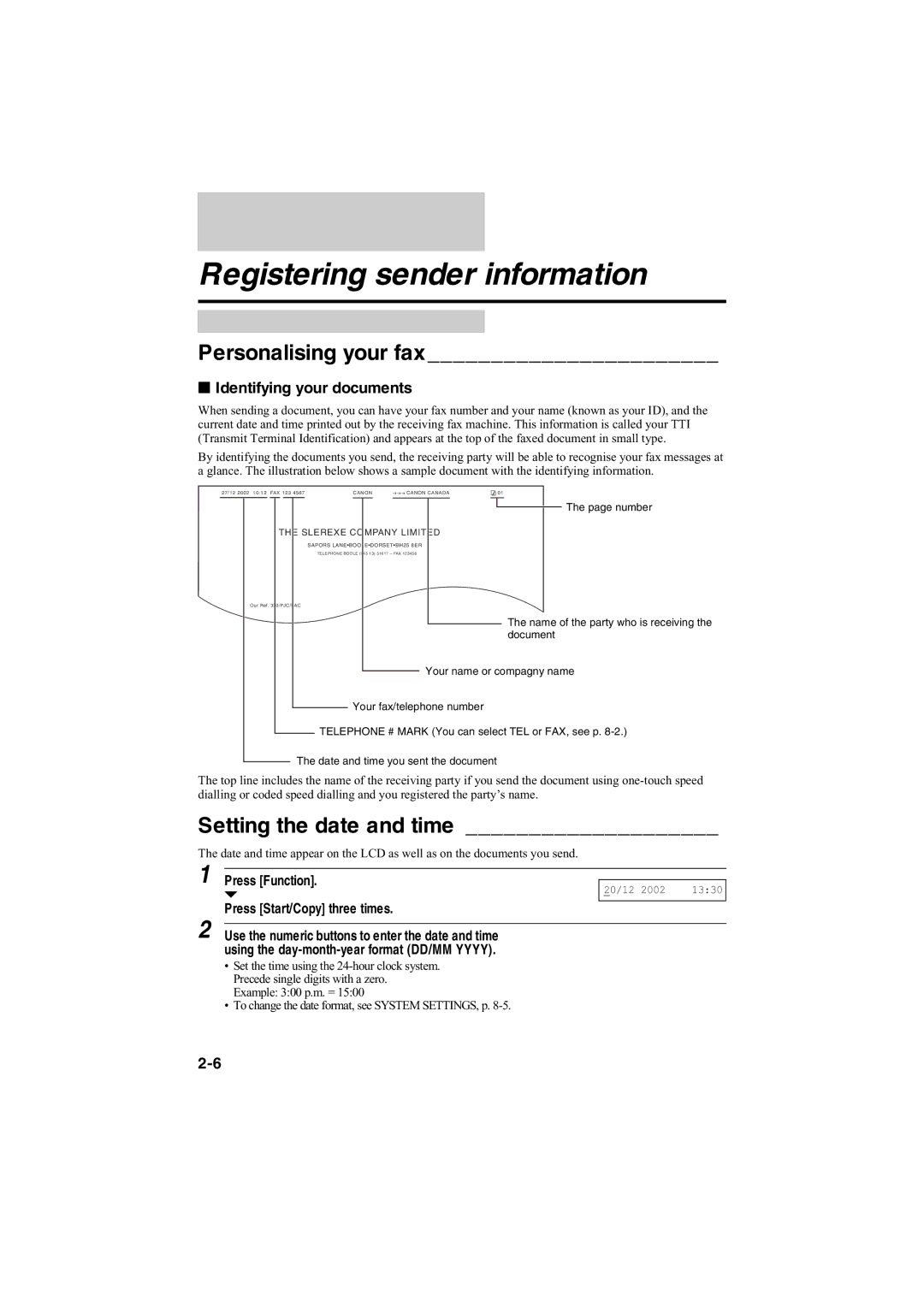 Canon B120 Registering sender information, Personalising your fax, Setting the date and time, Identifying your documents 