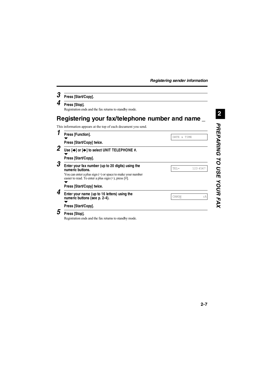 Canon B115, B140 Registering your fax/telephone number and name, Press Function Press Start/Copy twice, Numeric buttons 