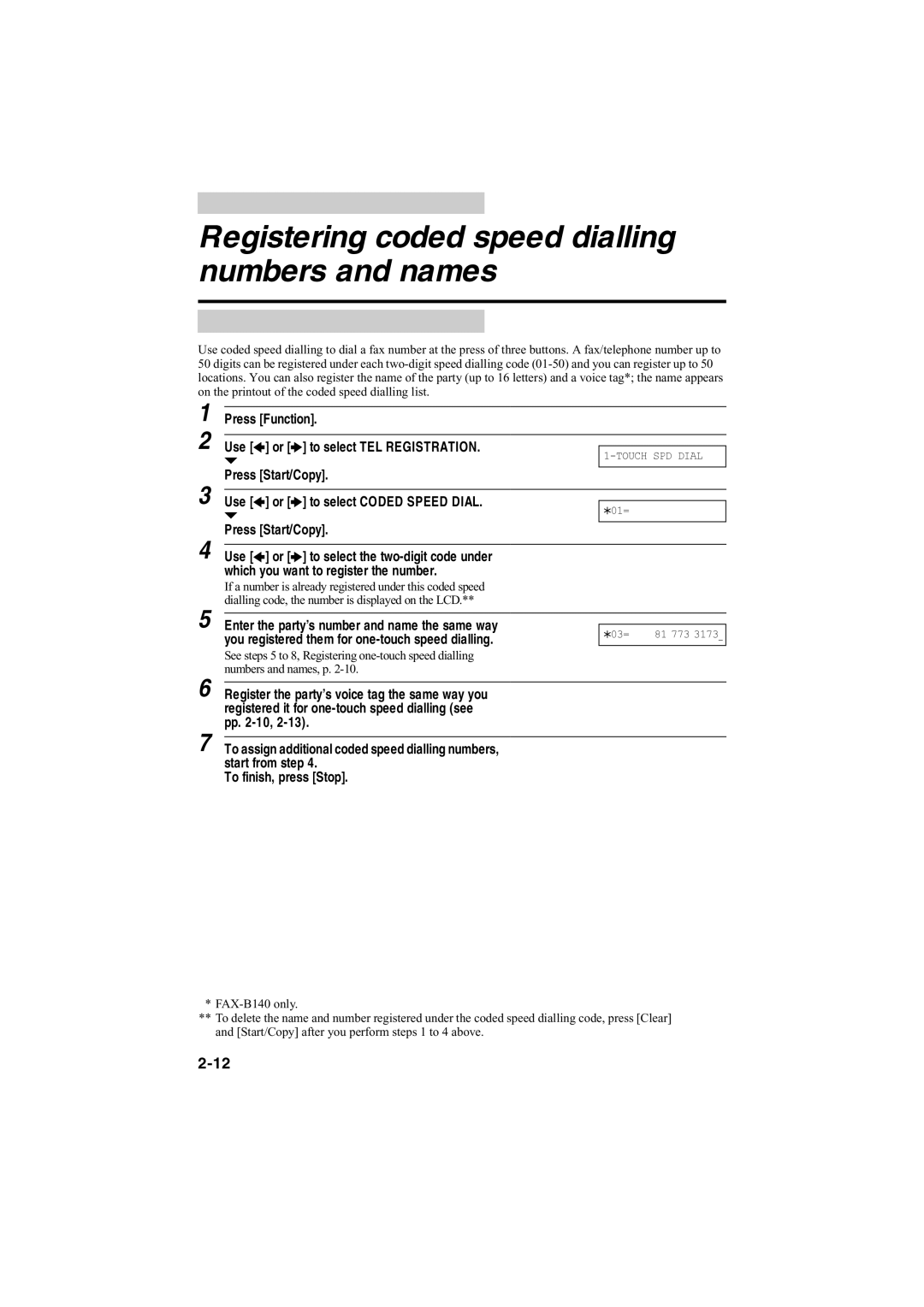 Canon B120, B140, B115 Registering coded speed dialling numbers and names, Which you want to register the number, Pp -10 