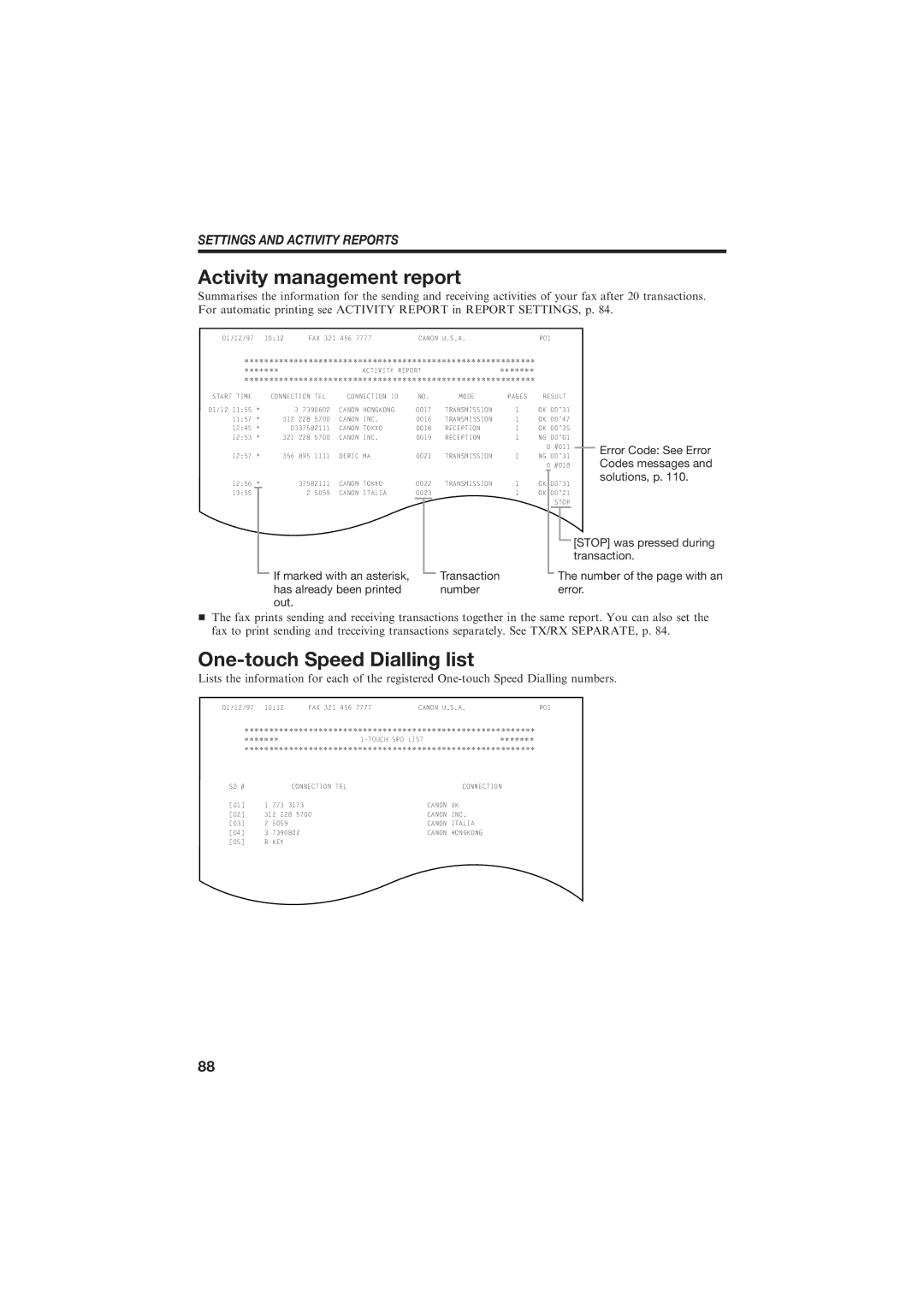 Canon B150 manual Activity management report, One-touch Speed Dialling list 