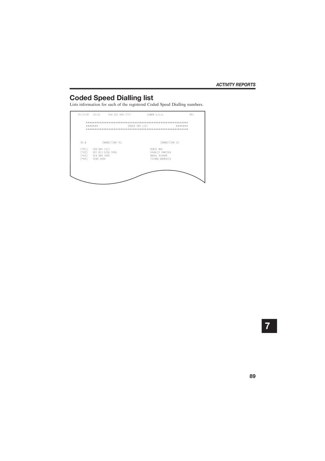 Canon B150 manual Coded Speed Dialling list, Activity Reports 