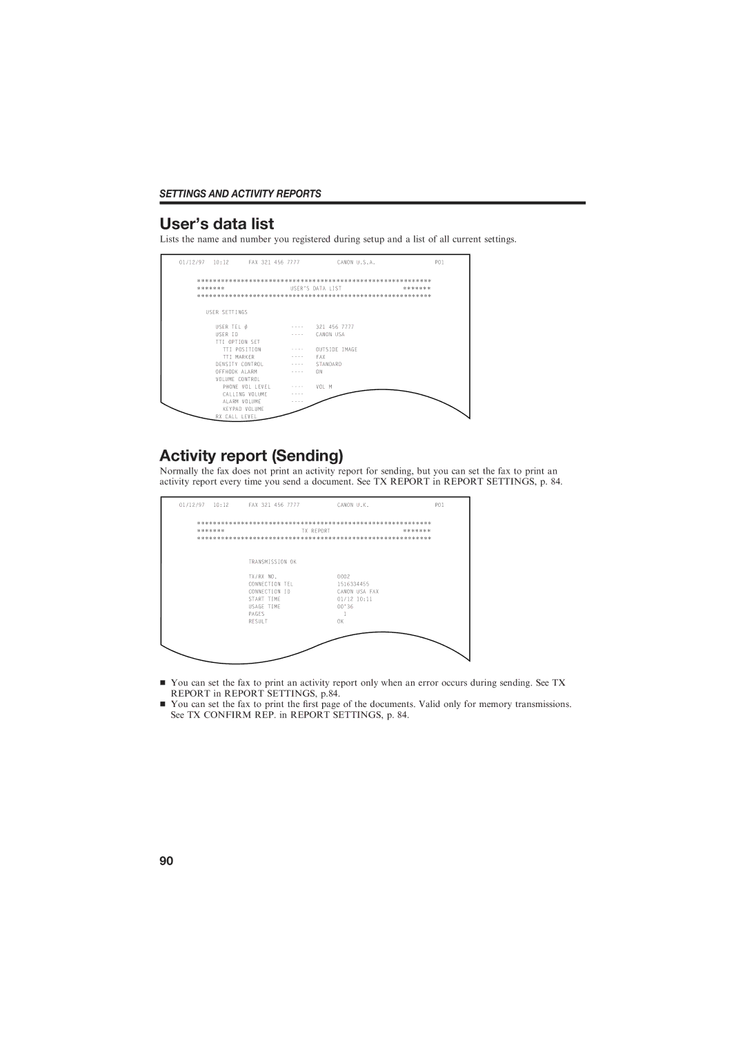 Canon B150 manual Users data list, Activity report Sending 