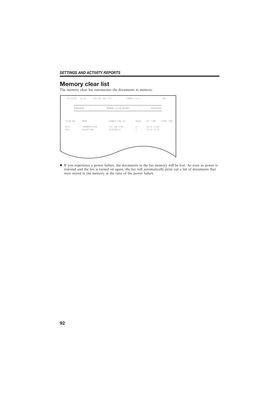 Canon B150 manual Memory clear list summarises the documents in memory 