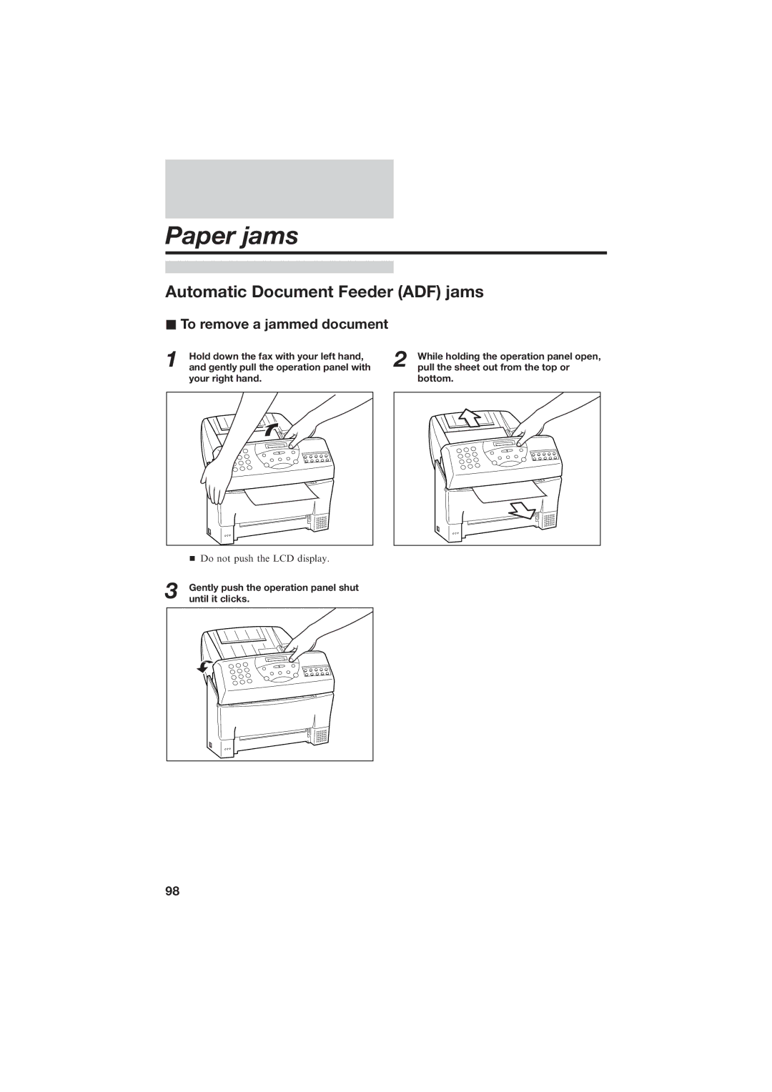 Canon B150 manual Paper jams, Automatic Document Feeder ADF jams, To remove a jammed document 