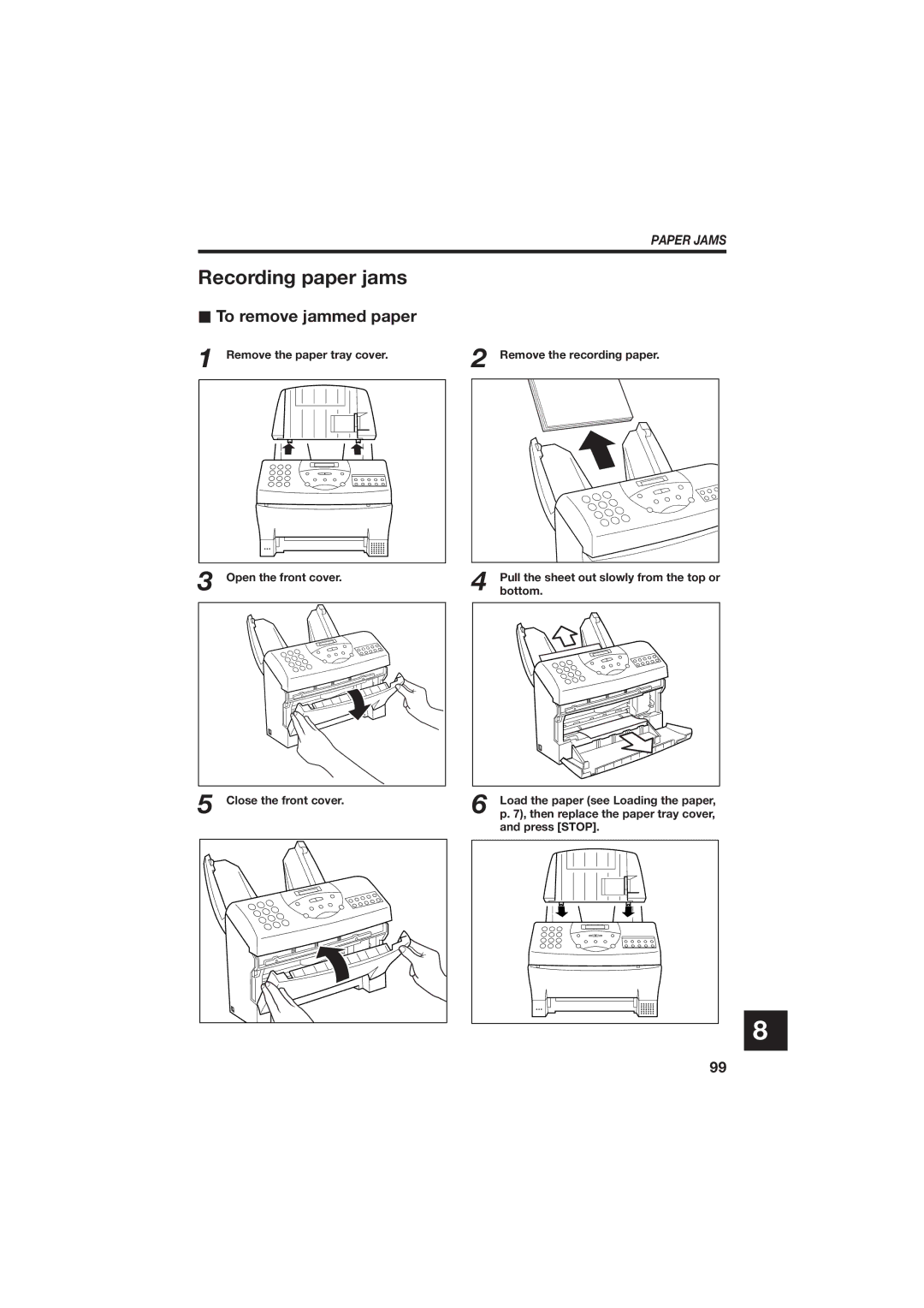 Canon B150 manual Recording paper jams, To remove jammed paper, Paper Jams, Close the front cover 