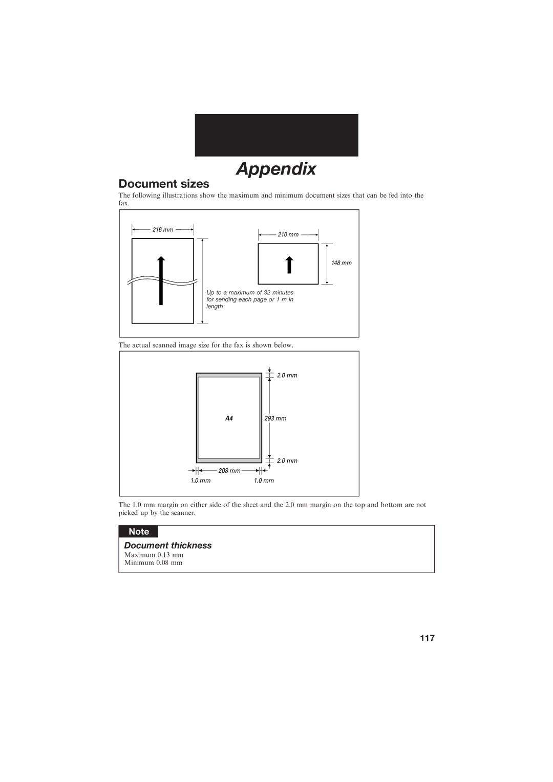 Canon B150 manual Appendix, Document sizes 