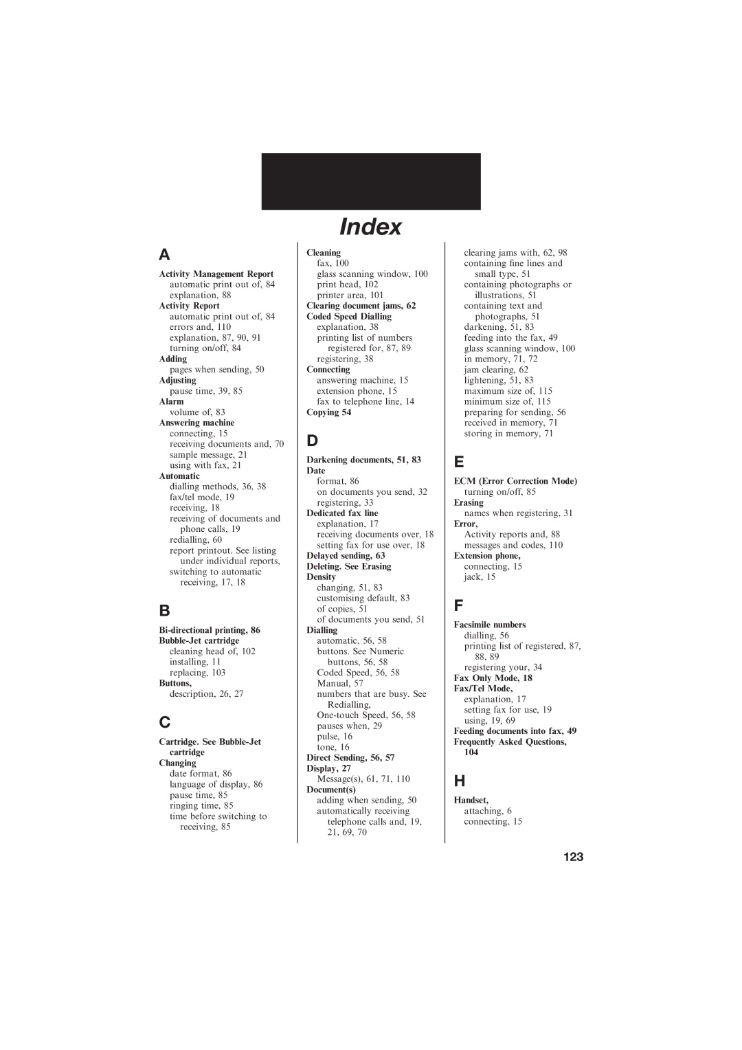 Canon B150 manual Index, Adjusting 