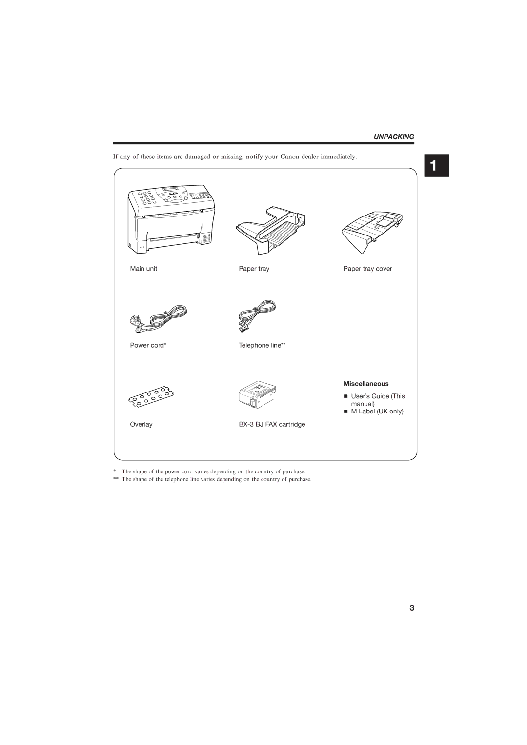 Canon B150 manual Unpacking, Miscellaneous 