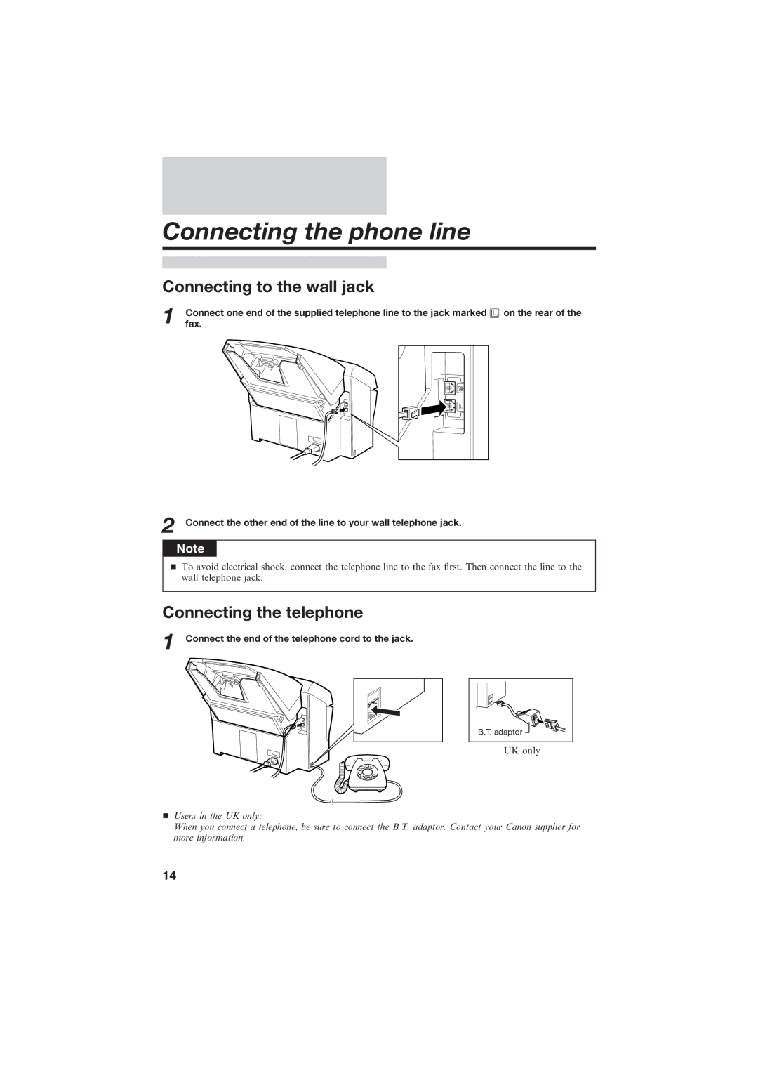 Canon B150 manual Connecting the phone line, Connecting to the wall jack, Connecting the telephone 