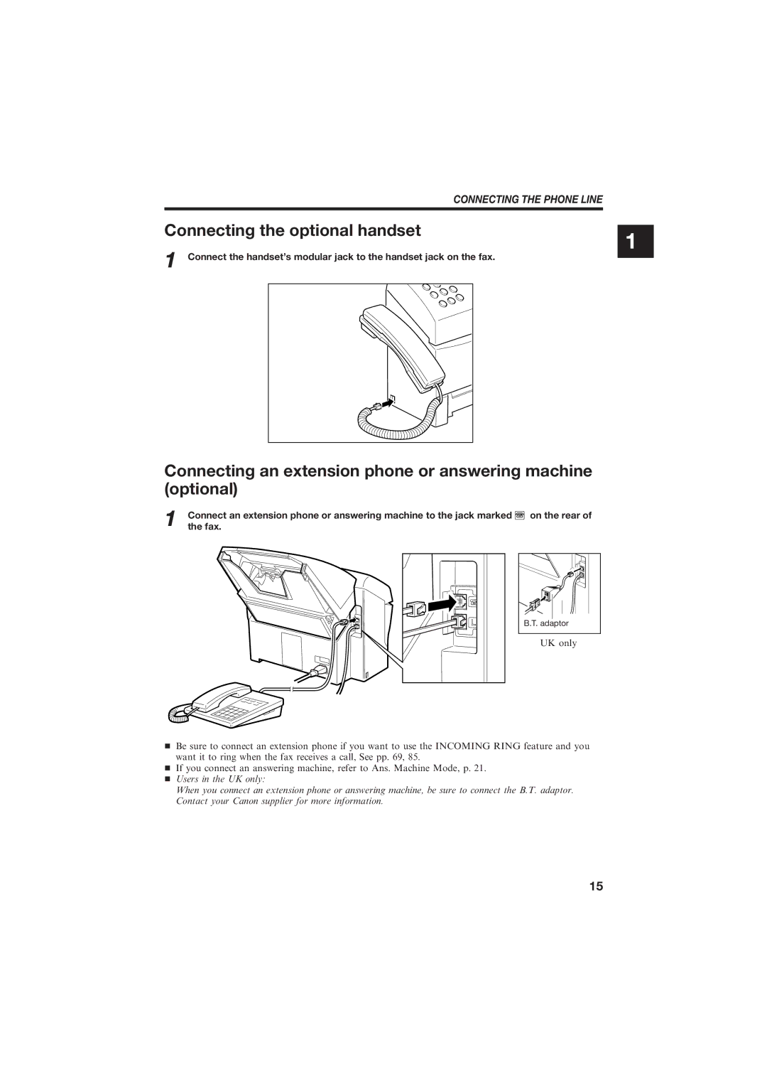 Canon B150 manual Connecting the optional handset, Connecting an extension phone or answering machine optional 