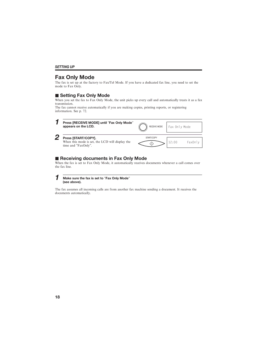 Canon B150 manual Setting Fax Only Mode, Receiving documents in Fax Only Mode 