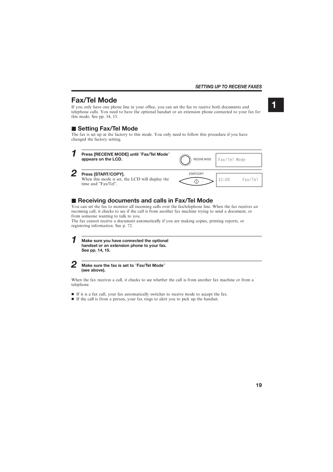 Canon B150 manual Setting Fax/Tel Mode, Receiving documents and calls in Fax/Tel Mode, Setting UP to Receive Faxes 