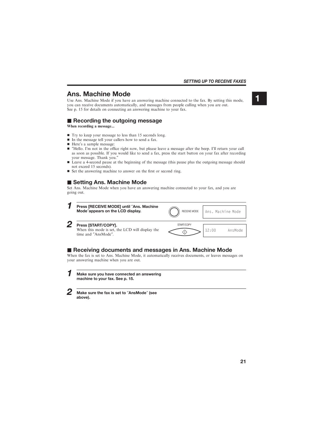 Canon B150 manual Recording the outgoing message, Setting Ans. Machine Mode 