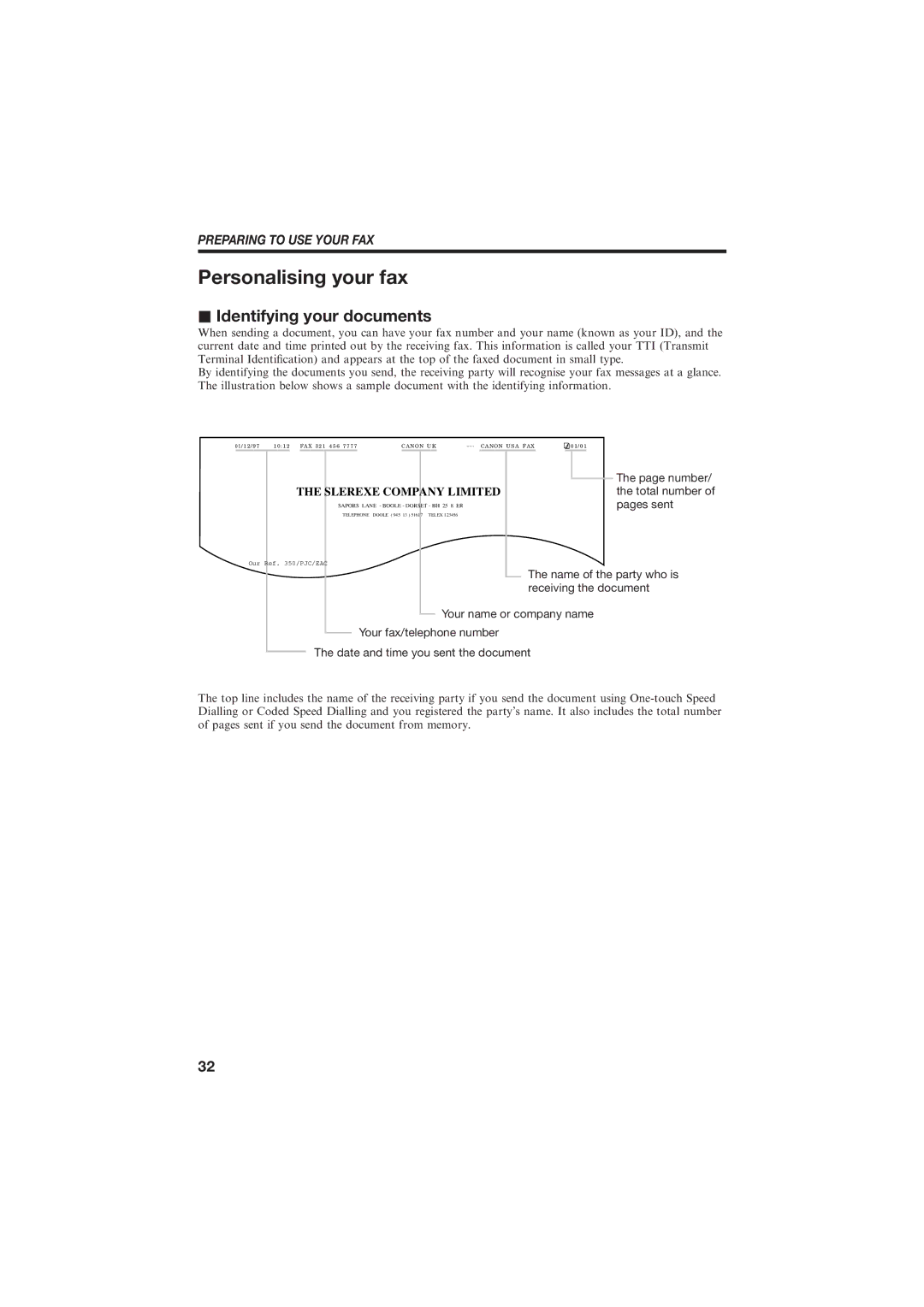 Canon B150 manual Personalising your fax, Identifying your documents 