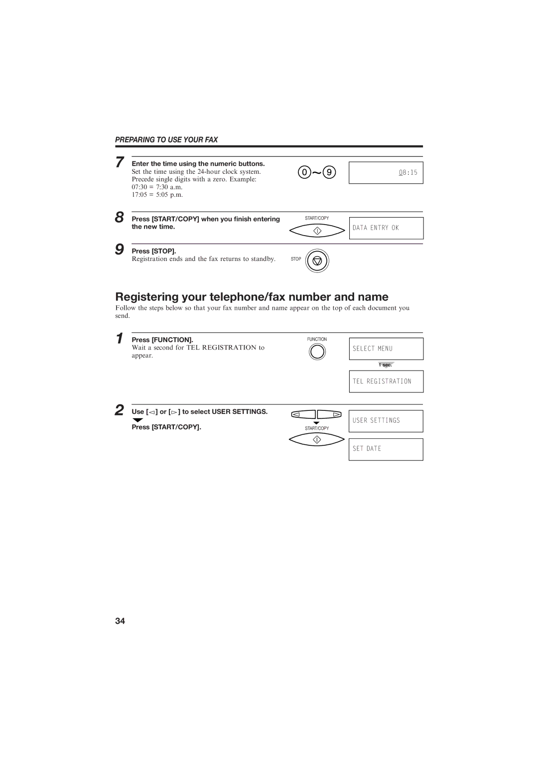 Canon B150 Registering your telephone/fax number and name, Enter the time using the numeric buttons, New time, Press Stop 