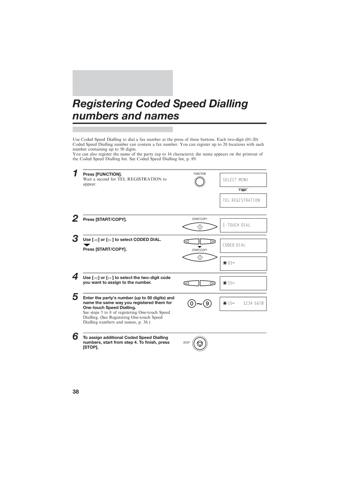 Canon B150 manual Registering Coded Speed Dialling numbers and names, Use or to select Coded Dial Press START/COPY 