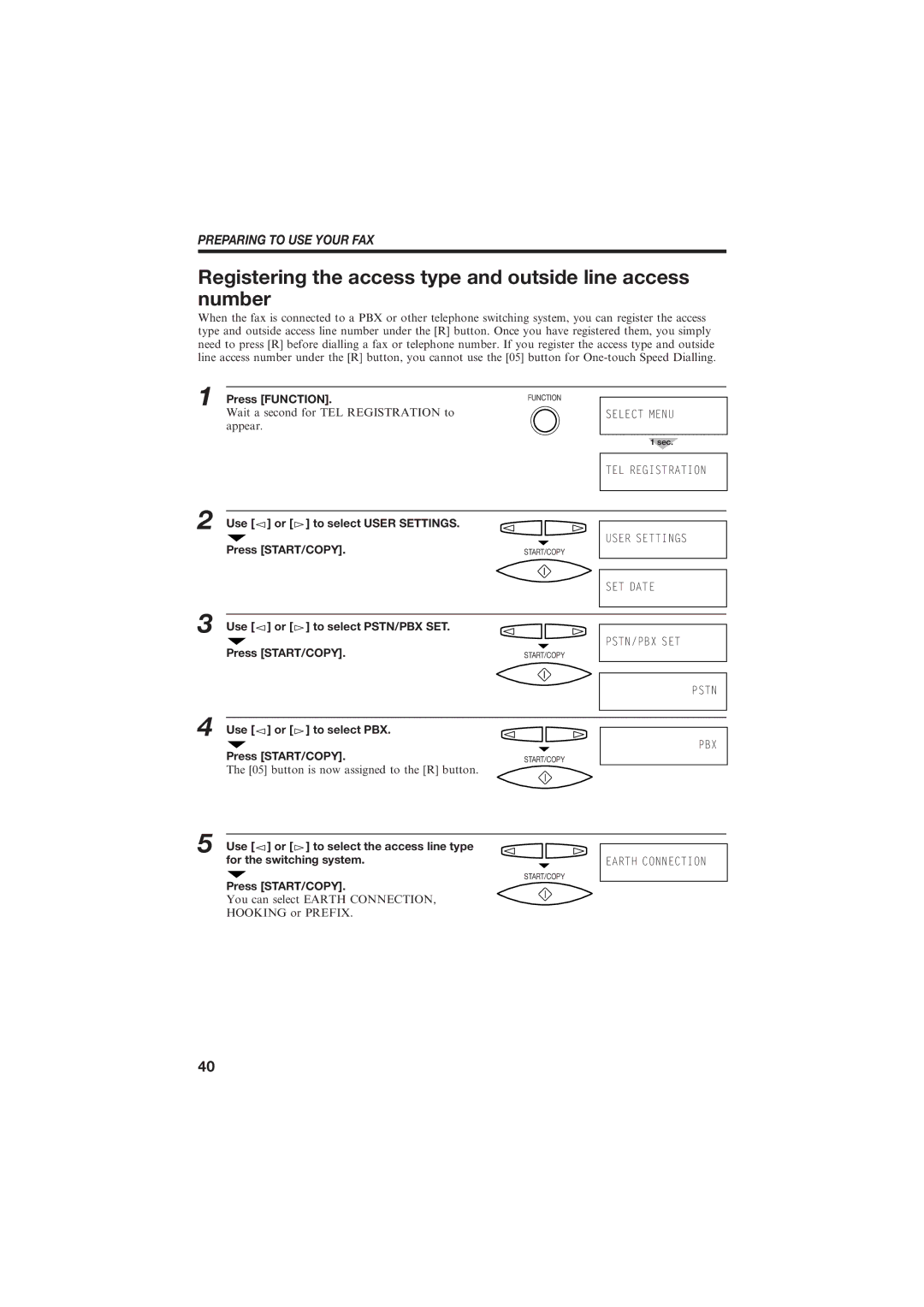 Canon B150 Registering the access type and outside line access number, Use or to select PSTN/PBX SET, Use or to select PBX 