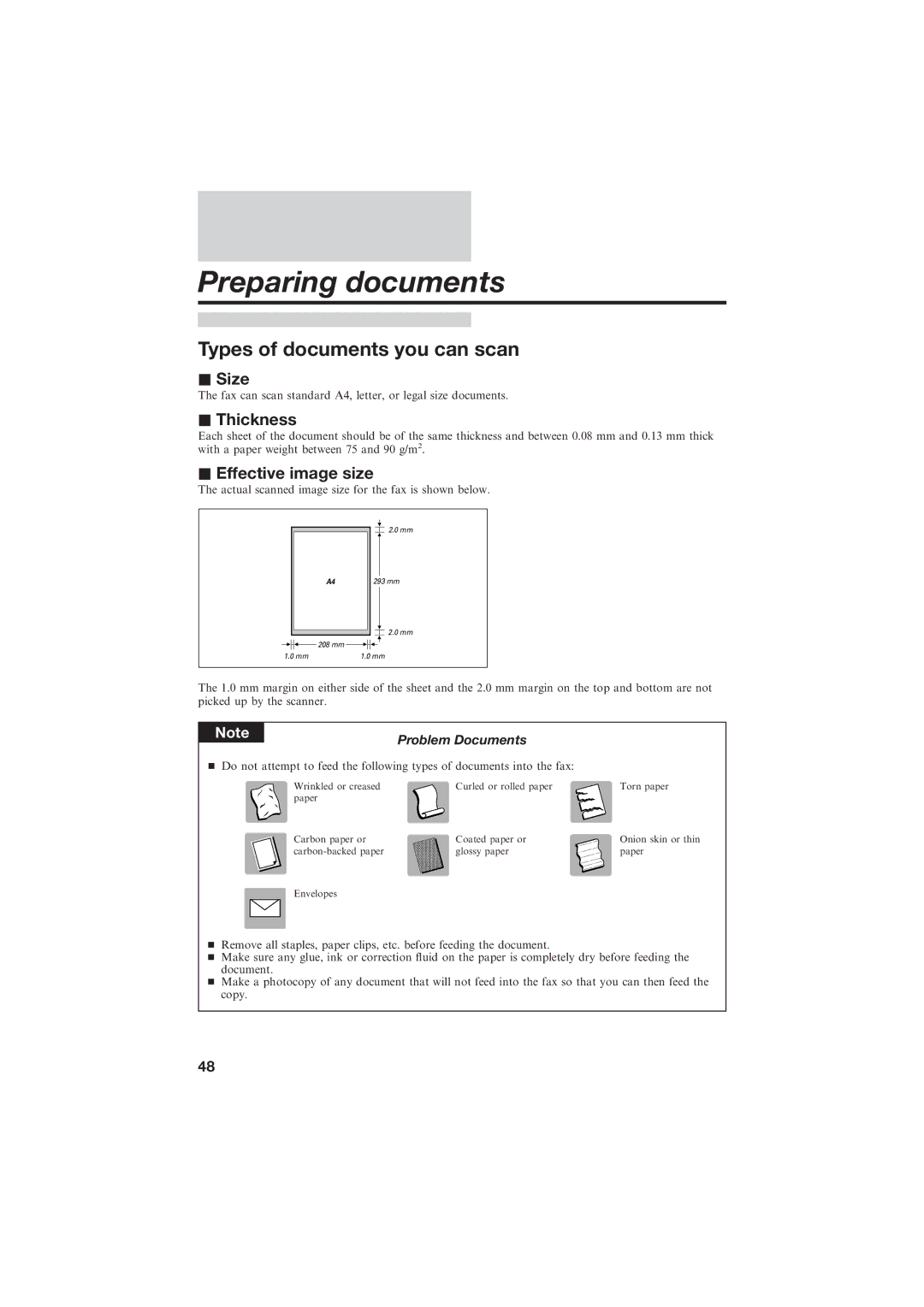 Canon B150 manual Preparing documents, Types of documents you can scan, Size, Thickness, Effective image size 