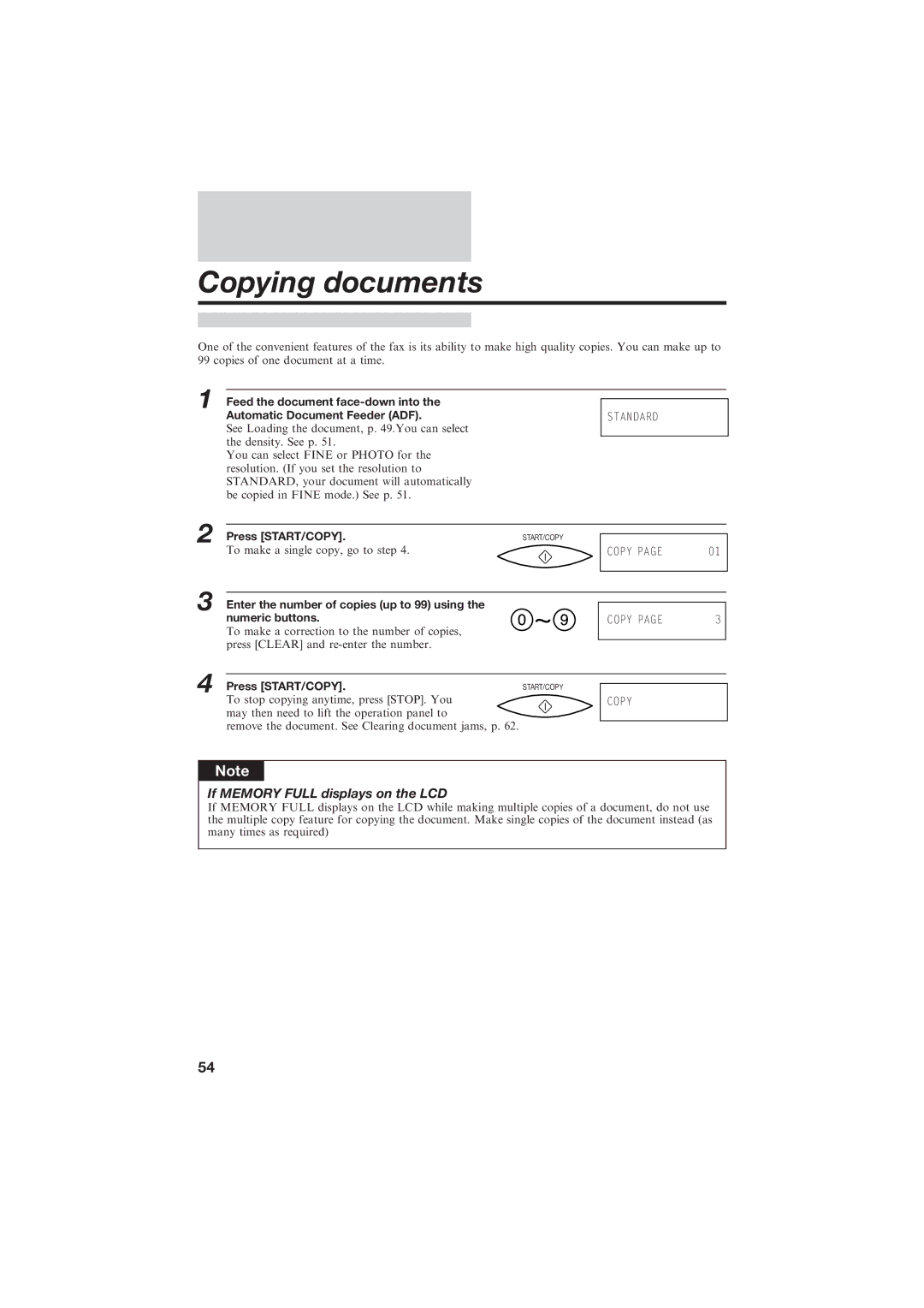 Canon B150 manual Copying documents, If Memory Full displays on the LCD 