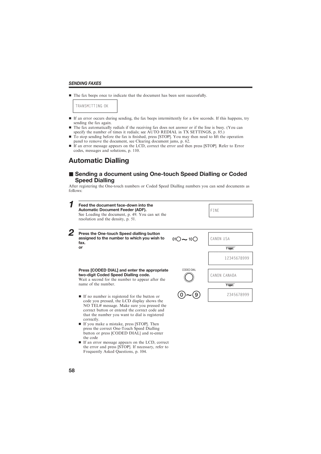 Canon B150 manual Automatic Dialling, Sending a document using One-touch Speed Dialling or Coded, Sending Faxes 