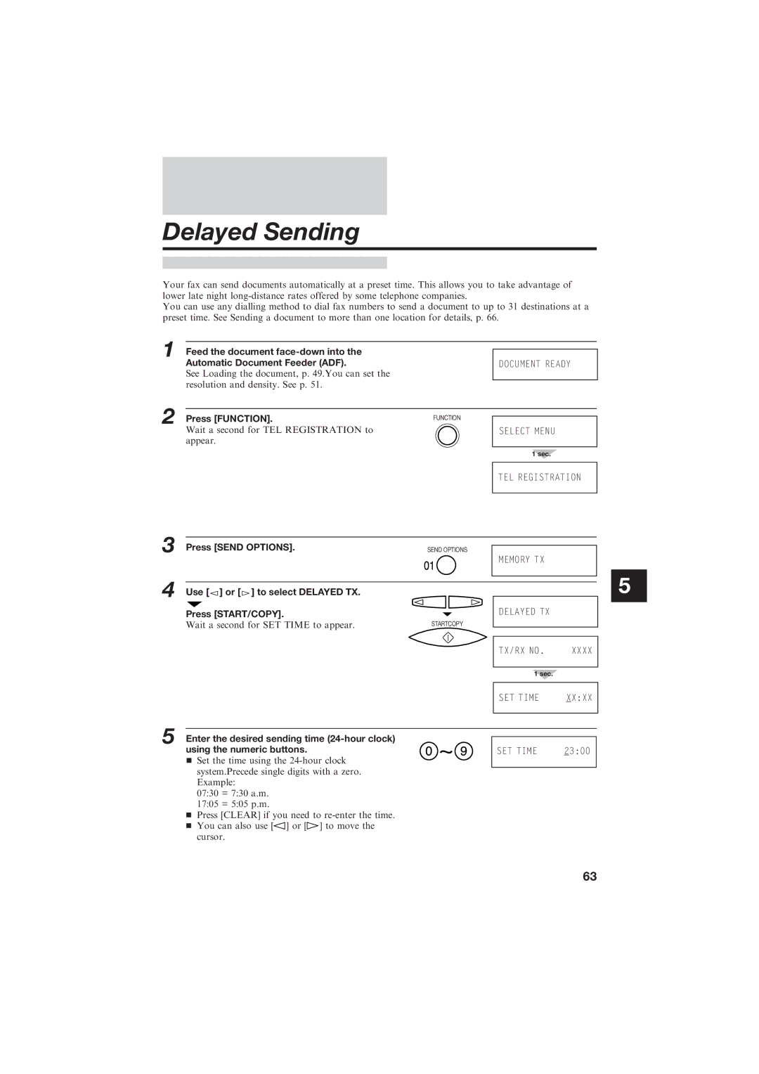 Canon B150 manual Delayed Sending, Use or to select Delayed TX Press START/COPY 