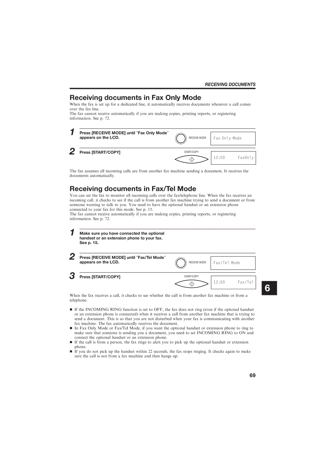 Canon B150 manual Receiving documents in Fax Only Mode, Receiving documents in Fax/Tel Mode, Receiving Documents 