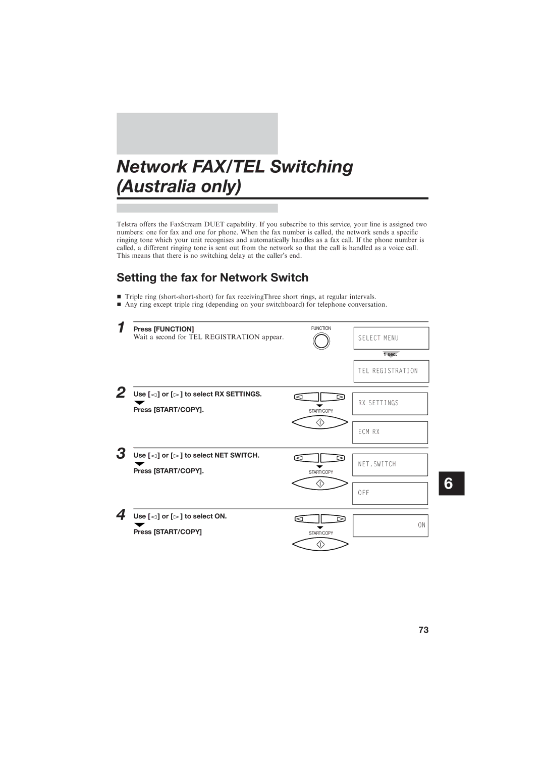 Canon B150 manual Network FAX/TEL Switching Australia only, Setting the fax for Network Switch, Use To select RX Settings 