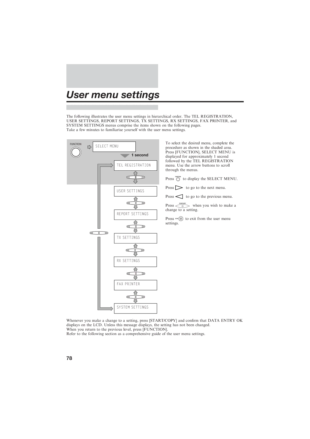 Canon B150 manual User menu settings, Second 