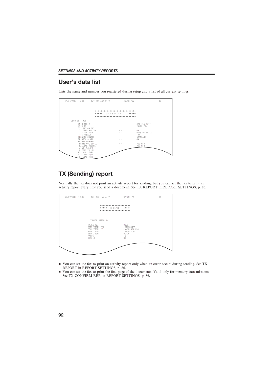 Canon B155 manual Users data list, TX Sending report 