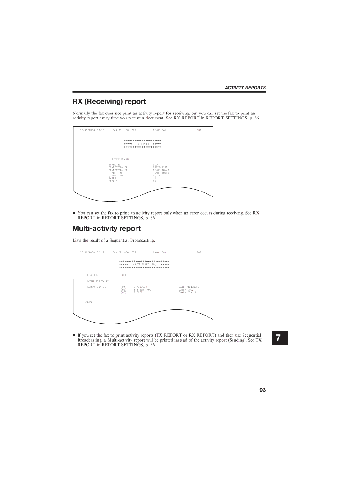 Canon B155 manual RX Receiving report, Multi-activity report 